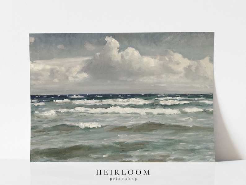 May include: A painting of a seascape with a cloudy sky and choppy waves. The water is a light blue-green color and the clouds are white and gray.