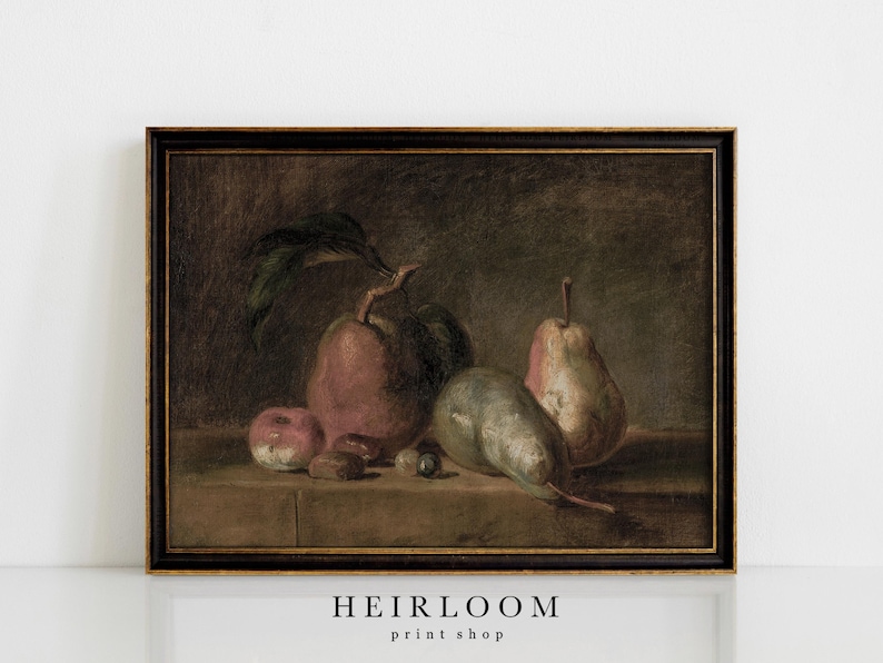 May include: A framed still life painting featuring a collection of fruits. The composition includes a large, reddish-brown apple with a green leaf, pears, and smaller apples. The artwork has a dark, vintage aesthetic.
