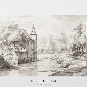 May include: A black and white drawing of a castle with a tower, surrounded by trees and a river. The drawing has a vintage aesthetic.