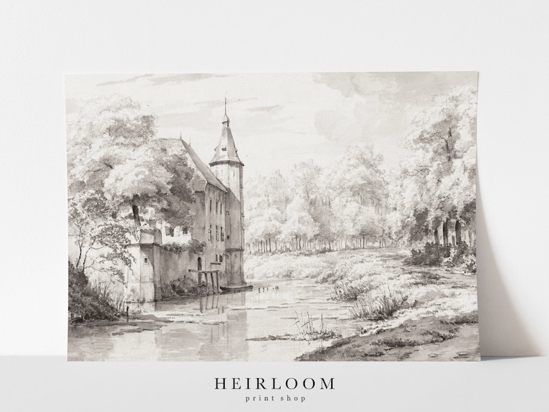 May include: A black and white drawing of a castle with a tower, surrounded by trees and a river. The drawing has a vintage aesthetic.