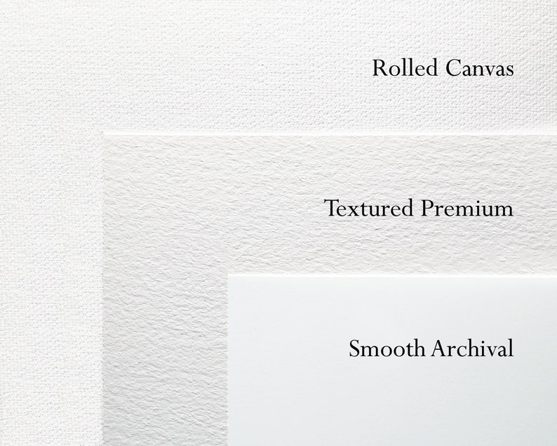 May include: A white image showcasing three different paper textures: Rolled Canvas, Textured Premium, and Smooth Archival. Each paper type is labeled with black text, highlighting the variety of surfaces available.