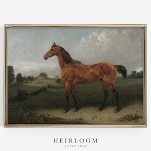 Puede incluir: Una impresi&oacute;n vintage enmarcada de un caballo marr&oacute;n de pie en un campo. El caballo tiene una melena y cola oscuras, con un cielo azul claro y un paisaje verde de fondo. La impresi&oacute;n est&aacute; en un marco dorado. El texto "HEIRLOOM print shop" est&aacute; en la parte inferior.