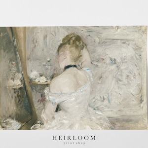 May include: A painting of a woman in a white dress, sitting in front of a mirror, with her back to the viewer. The woman is fixing her hair and wearing a black choker necklace. The painting is done in a soft, muted palette of grays, whites, and blues.