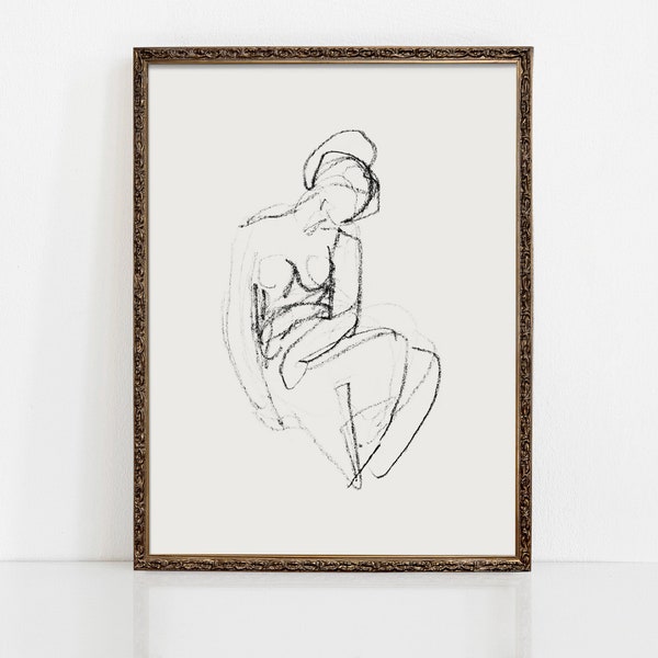 Vintage Minimalist Art | Drawing Woman | Sketch ART PRINTS | Seated