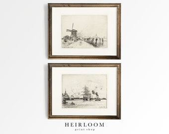 May include: Two framed black and white prints of vintage Dutch scenes. The top print shows a windmill and people walking on a path. The bottom print shows a ship docked in a harbor.