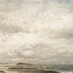 May include: A painting depicting a seascape with a cloudy sky and a small island in the distance. The water is a light blue-green colour and the sky is a light grey colour. The clouds are white and fluffy.