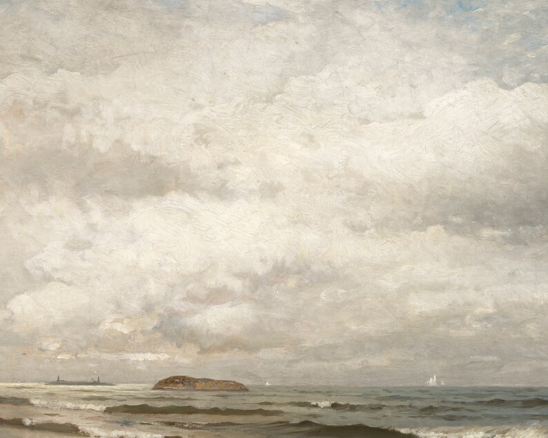 May include: A painting depicting a seascape with a cloudy sky and a small island in the distance. The water is a light blue-green colour and the sky is a light grey colour. The clouds are white and fluffy.