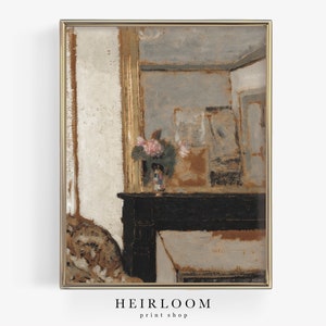 May include: An antique-style framed print featuring a muted color palette. The artwork depicts a room interior with a black mantelpiece, a vase of pink flowers, and a mirror. The text "HEIRLOOM print shop" is at the bottom.