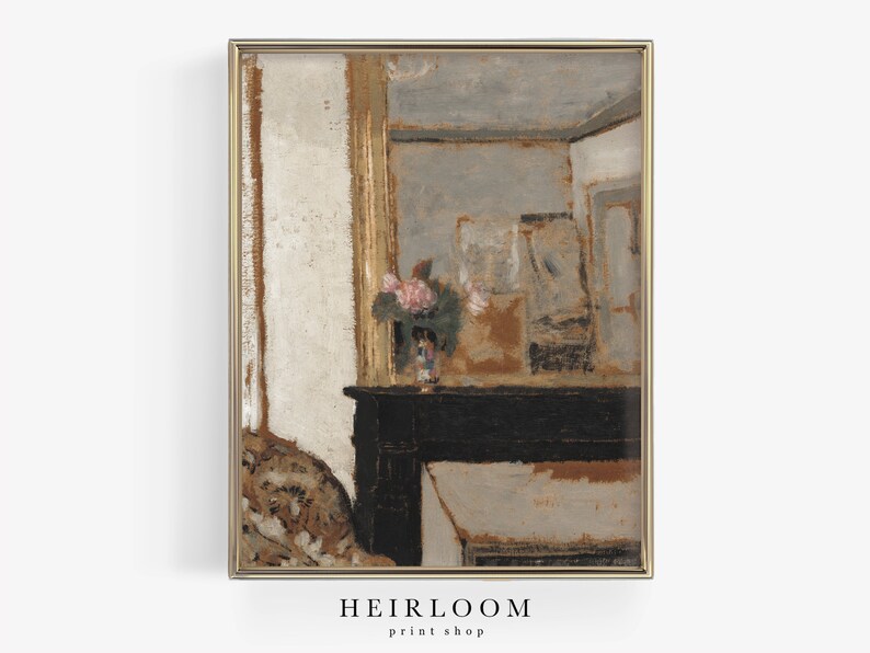 May include: An antique-style framed print featuring a muted color palette. The artwork depicts a room interior with a black mantelpiece, a vase of pink flowers, and a mirror. The text "HEIRLOOM print shop" is at the bottom.
