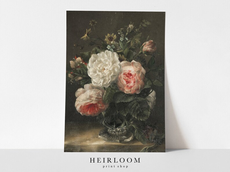 May include: A still life painting of a bouquet of white and pink roses in a clear glass vase. The flowers are arranged in a vase with a decorative base. The background is a dark brown.