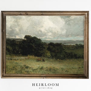 Groen landschapsschilderij AFDRUKBARE KUNST | Vintage weilandprint | Weiland
