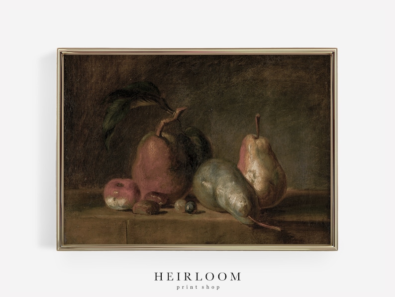 May include: A framed still life print featuring apples and pears in a classic style. The painting has a dark, moody color palette with a gold frame. The text "HEIRLOOM print shop" is at the bottom.