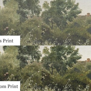 May include: Two images of a painting depicting a landscape with trees and a small house in the distance. The top image is labeled "Staples Print" and the bottom image is labeled "Heirloom Print".