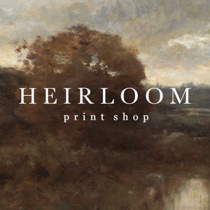 May include: A painting of a landscape with a large tree in the foreground. The sky is cloudy and the colors are muted. The text "HEIRLOOM printshop" is superimposed on the image.
