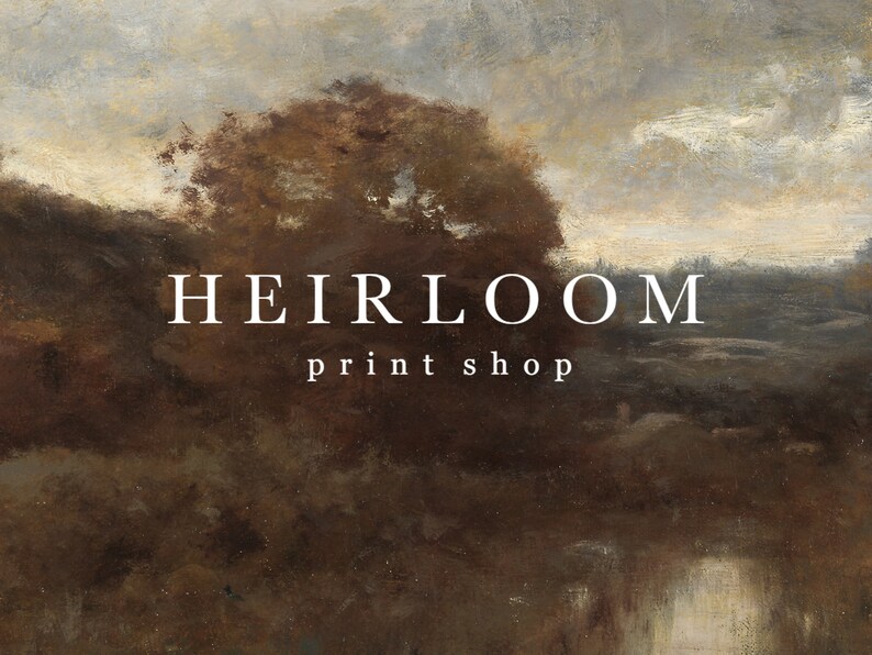 May include: A painting of a landscape with a large tree in the foreground. The sky is cloudy and the colors are muted. The text "HEIRLOOM printshop" is superimposed on the image.