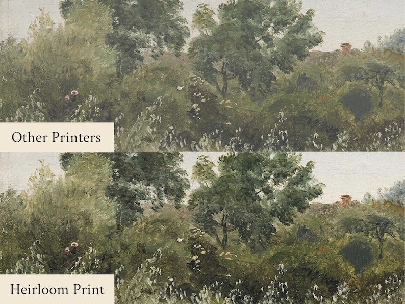 May include: A landscape painting featuring lush green trees and foliage, with a small building visible in the distance. The text "Other Printers" and "Heirloom Print" are displayed in white rectangles at the bottom.