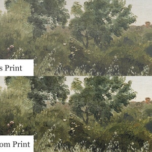 May include: Two images of a painting depicting a landscape with trees and a small house in the distance. The top image is labeled "Staples Print" and the bottom image is labeled "Heirloom Print".