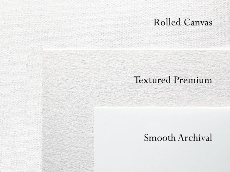 Op de afbeelding: Een close-up van drie verschillende soorten wit kunstpapier. Het bovenste gedeelte is gelabeld met "Rolled Canvas", het middelste gedeelte met "Textured Premium" en het onderste gedeelte met "Smooth Archival".