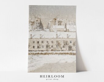Vintage Winter Art | Neutral Christmas Prints | Cityscape | MAILED PRINT | Chimneys