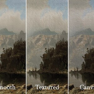 May include: A landscape painting with three different surface textures: smooth, textured, and canvas. The artwork depicts a mountain range, a lake, and a cloudy sky. The text "Smooth", "Textured", and "Canvas" are displayed below each image.