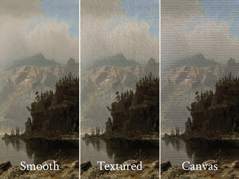May include: A landscape painting with three different surface textures: smooth, textured, and canvas. The artwork depicts a mountain range, a lake, and a cloudy sky. The text "Smooth", "Textured", and "Canvas" are displayed below each image.