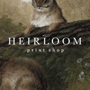 May include: An antique-style print featuring two rabbits in a natural setting. The image has a vintage aesthetic with soft colors and detailed fur textures. The text "HEIRLOOM print shop" is displayed in a classic font.