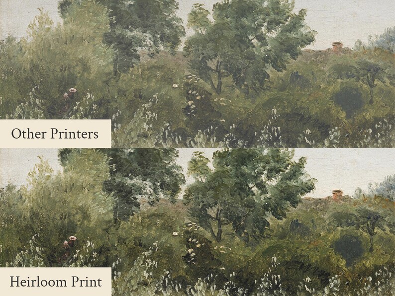 May include: A landscape painting featuring lush green trees and foliage, with a small building visible in the distance. The text "Other Printers" and "Heirloom Print" are displayed in white rectangles at the bottom.
