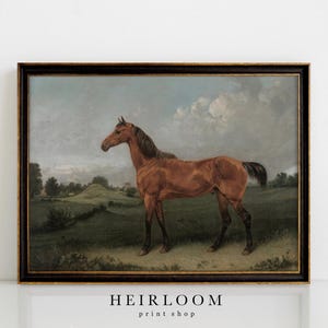 Puede incluir: Una impresi&oacute;n vintage enmarcada de un caballo marr&oacute;n de pie en un campo. El caballo tiene una melena y cola oscuras, con patas negras. El fondo presenta un paisaje verde bajo un cielo nublado. El marco es negro con ribete dorado. El texto "HEIRLOOM print shop" est&aacute; en la parte inferior.