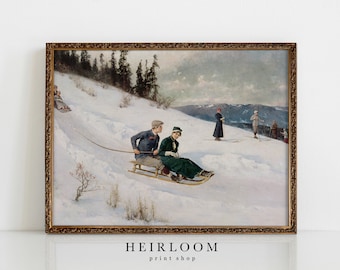 Winter Painting PRINT SHOP | Christmas Wall Art | Vintage Sledding | Sledge Riding