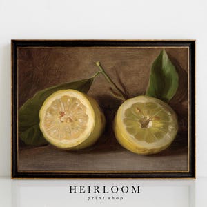 May include: A framed still life painting featuring two lemon halves with green leaves. The lemons are yellow with visible pulp, set against a dark brown background. The frame is black with gold trim. The text "HEIRLOOM print shop" is at the bottom.