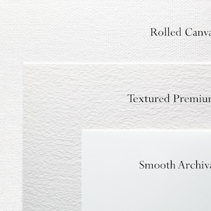 May include: Three white textured paper samples, labeled "Rolled Canvas", "Textured Premium", and "Smooth Archival".