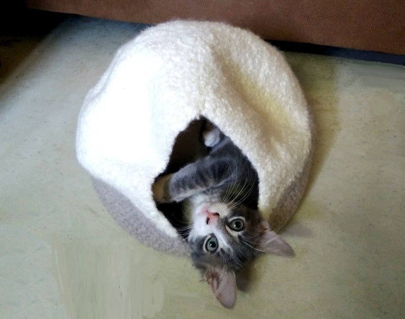 May include: A gray and white kitten peeks out of a white and beige crocheted cat bed.