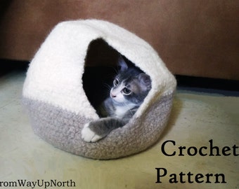 Felted Cat Cave - Crochet PATTERN - 2 Sizes, wool cat bed/cave