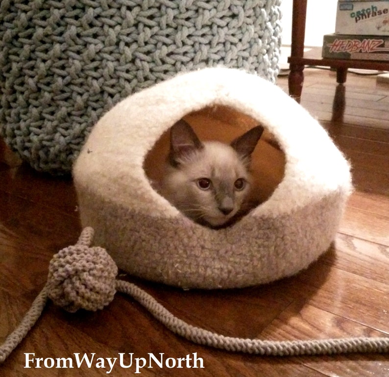 May include: A gray and white knitted cat bed with a gray rope toy. A gray and white cat is inside the bed looking out.