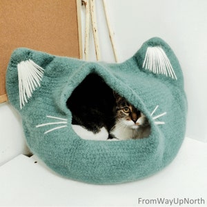 May include: A teal blue cat bed shaped like a cat's head with white felt accents. A tabby cat is resting inside the bed.