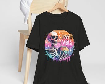 Summer Vibes Skull Beach Fun Tee, Unisex T-Shirt for Beach Lovers, Skeleton Graphic Shirt, Vacation Apparel, Skull Print Tee, Summer Beach