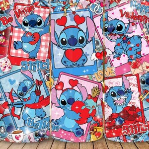 May include: A tumbler featuring a collage of images of Stitch from Lilo & Stitch, with Valentine's Day themes. The design includes hearts, arrows, and the words "Be Mine," "Love," and "Happy Valentine." The background is a mix of pink, red, and blue.