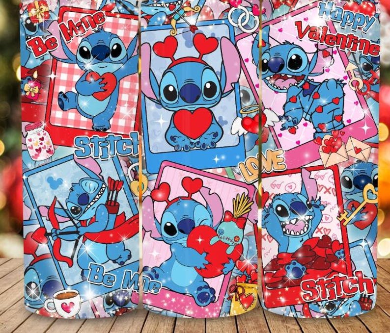 May include: A tumbler featuring a collage of images of Stitch from Lilo & Stitch, with Valentine's Day themes. The design includes hearts, arrows, and the words "Be Mine," "Love," and "Happy Valentine." The background is a mix of pink, red, and blue.