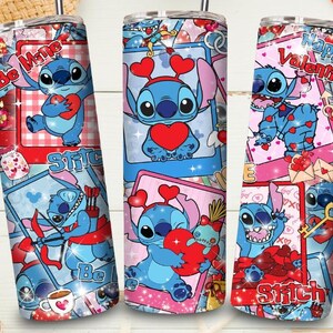 May include: Three stainless steel tumblers with a Valentine's Day theme. Each tumbler features a blue cartoon character holding a heart, with text that reads "Be Mine", "Stitch", and "Happy Valentine". The tumblers have a straw and a lid.