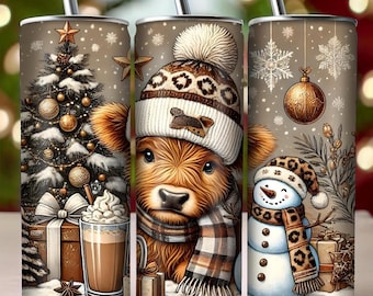 20oz Christmas Highland Cow Tumbler Cozy Winter Cow Snowman  Holiday Tree Leopard Print Hat Perfect Christmas Gift