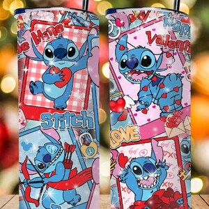 May include: Two stainless steel tumblers with a Valentine's Day theme. The tumblers feature the character Stitch from Lilo & Stitch, with hearts and the words "Be Mine," "Happy Valentine," and "Love." The background is a mix of pink, red, and blue.