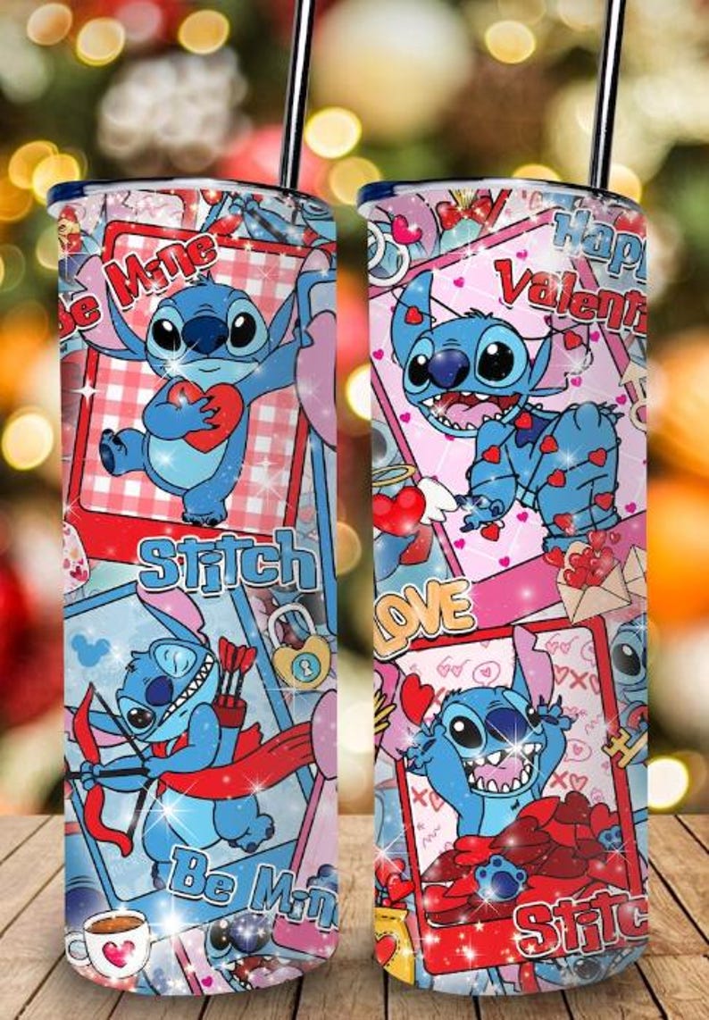 May include: Two stainless steel tumblers with a Valentine's Day theme. The tumblers feature the character Stitch from Lilo & Stitch, with hearts and the words "Be Mine," "Happy Valentine," and "Love." The background is a mix of pink, red, and blue.