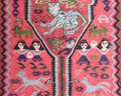 3.5x9.5 Pictorial Persian tribal Dowry kilim unique Kurdish rug Characters runner Vintage Folk art family cats dinosaurs horses camels snake