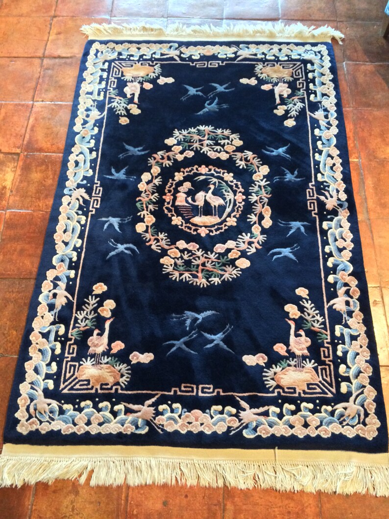 Oriental rugs rug bedroom living master carpet interior every space curtains rooms deco walls decor furniture dining colors patterns architecturaldigest Vintage Chinese indigo blue rug carpet Cranes graceful meaty | Etsy