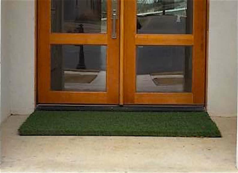 May include: A green artificial grass doormat placed in front of a wooden double door with glass panels.