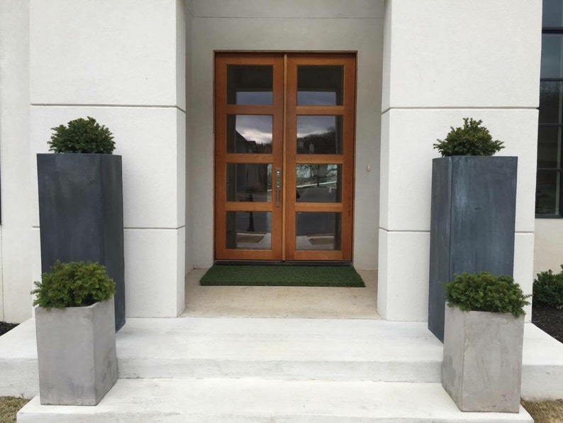 May include: A white modern home with a wooden double door entryway. Two large gray planters with green plants are flanking the door.