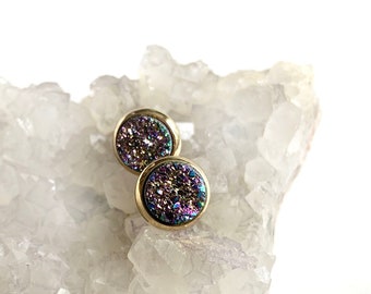 Titanium Blue Druzy, Druzy Stud Earring, Titanium Druzy Studs, Druzy Earrings, Druzy Post Earring, Navy Blue Earrings, Blue Geode Earrings