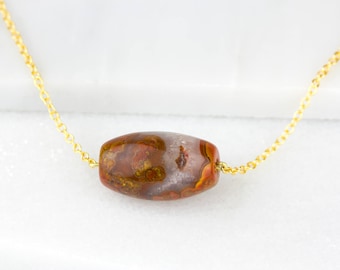 Stone Quartz Pendant, Unique Red Agate, Chunky Pendant, Raw Stone Necklace, Red Agate Pendant, Red Lace Agate