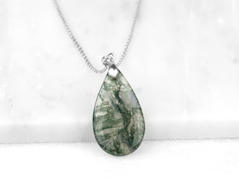 Moss Agate Necklace, Pear Moss Agate Pendant, 925 Sterling Silver Necklace, Green Agate Necklace, Moss Green Pendant, Genuine Moss Agate