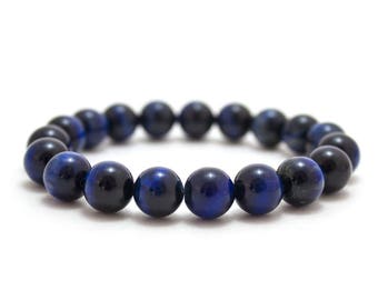 Blue Tiger Eye Bracelet/ 10mm Blue Tiger Eye/ Blue Stone Bracelet/ Mens Beaded Bracelet